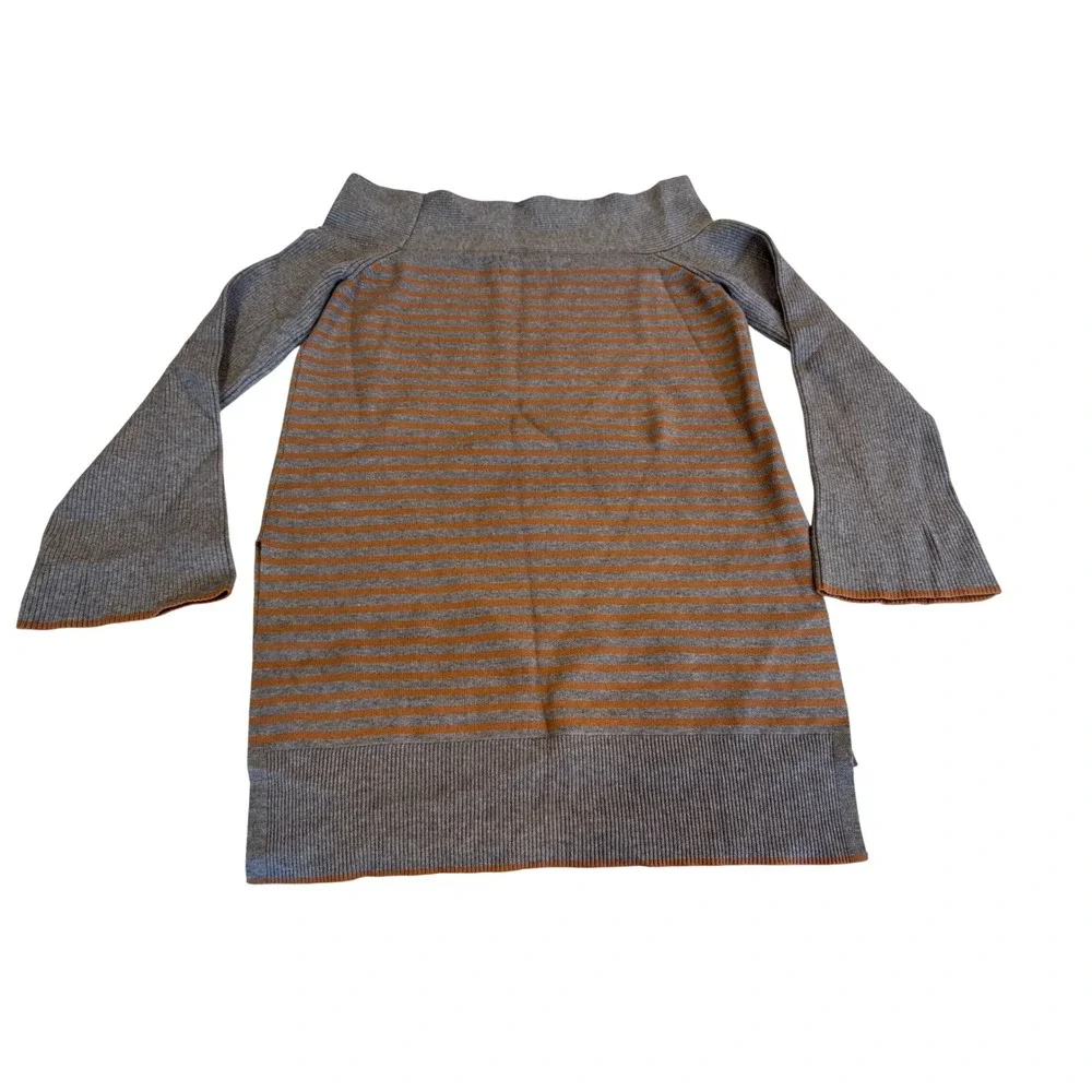 J.Crew NWT Gray Camel Stripe Off Shoulder Sweater M Bell Sleeve Side Slit